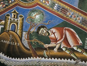 Eldrad-bearbejdningsjord i Ambilly, Provence, Detalje fra historier om Saint Eldrads liv, romanske fresker i byzantinsk stil, slutningen af det 11. århundrede, Kapel Saint Eldrad og Saint Nicholas, Novalesa Abbey, Piemonte, Italien. af Byzantine