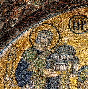 Kejser Justinian præsenterer Hagia Sophia for Jomfruen og Barnet (mosaik) af Byzantine