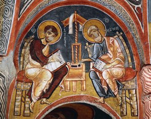 Evangelisterne Mark og Johannes skriver evangelier, Karanlik Kilise (Dark Church) (12.-13. århundrede), Goreme (Unescos verdensarvsliste) af Byzantine