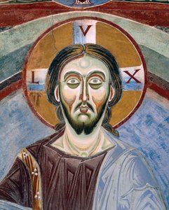 Ansigt af Kristus Pantocrator, Detalje af romanske fresker i byzantinsk stil, slutningen af det 11. århundrede, Kapel Saint Eldrad og Saint Nicholas, Novalesa Abbey, Piemonte, Italien af Byzantine
