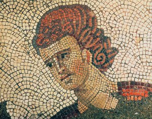 Hoved af en romersk soldat, gulvbelægning fra Grand Imperial Palace, Konstantinopel, 5.-6. århundrede (mosaik) af Byzantine