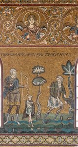 Lemek dræber Kain, byzantinsk mosaik, Det Gamle Testamentes cyklus - det jordiske paradis, XII-XIII århundrede (mosaik) af Byzantine