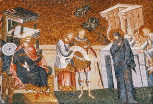 Maria og Josef før Cyremius meldte sig til beskatningen, med en vagt, en skriver og en officer, ca. 14. århundrede (mosaik) (detaljer fra 119636) af Byzantine