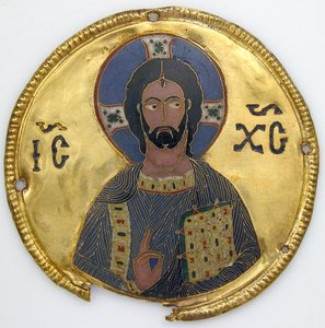 Medaljon med Kristus fra en ikonramme, ca. 1100 (guld, sølv og emalje cloisonné) af Byzantine