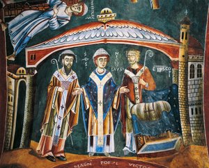 Saint Nicholas indviet biskop af Myra, detalje fra historierne om Saint Nicholas, romansk fresco, byzantinsk stil, sent i det 11. århundrede, kapel Saint Eldrad og Saint Nicholas, Novalesa Abbey, Piemonte, Italien. af Byzantine