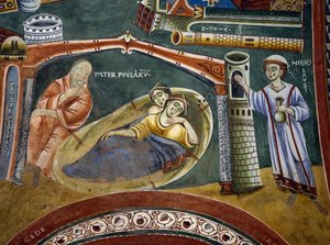 Sankt Nikolas redder en rig købmand, der er faldet i fattigdom og betaler sine døtres medgift, Detalje fra historier om Sankt Nikolas, romansk freskomaleri, byzantinsk stil, slutningen af det 11. århundrede, Kapel Sankt Eldrad og Sankt Nikolas, Novalesa Ab af Byzantine