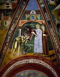 St Nicola, historier om livet for St. Eldrad og St. Nicholas, St. Eldrado vendte sig mod St. Jakob af Compostela: modtog en klostervane fra abbed af Novalesa, detaljer af Byzantine