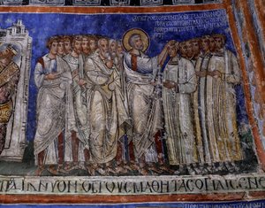 Paulus lægger sine hænder på nyligt døbte, byzantinsk fresko i tværskibet i Tokali Kilise (Spændekirke) (12.-13. århundrede), Goreme (Unesco Verdensarvsliste) af Byzantine