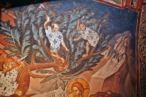 Kristi indtog i Jerusalem. Detalje: Børn skærer palmegrene - Peinture de Damiane (aktivt 14. århundrede) - 14. århundrede - Fresco - Saint George