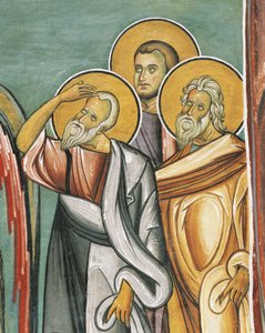 Tre mennesker i en kirke, Panagia tou Araka, byzantinsk, Troodos-bjergene, Cypern af Byzantine