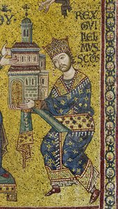 tværskib: den byzantinske mosaik, der viser kong Vilhelm II, der tilbyder katedralen til Jomfru Maria, detalje (mosaik) af Byzantine