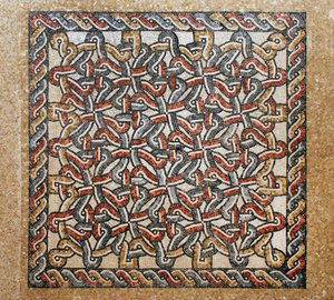 Mosaikgulv fra bema-området i den tidlige byzantinske kirke i Shiloh, Vestbredden, 380-420 e.Kr. (mosaik) af Byzantine Byzantine