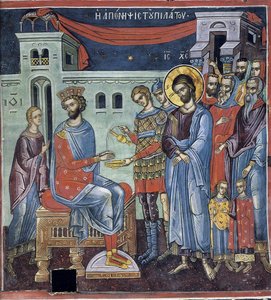 Ponce Pilate se lavant les mains - Pilatus vasker sine hænder - Byzantinsk Mester - 1500-tallet - Fresco - Dionysiou kloster, Athos-bjerget af Byzantine Byzantine