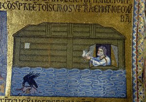 Historien om Noah: Noa sender ravnen og den første due Detalje af indvendige mosaikker i St. Marks-basilikaen, 11. århundrede