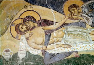 Byzantinsk kunst: "Lamentation on the Death of Christ"" Malers fresko fra det 12. århundrede. Detalje. Nerezi, San Pantaleimone, Macedoine af Byzantine School