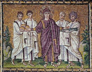 Byzantinsk kunst: "Mangfoldiggørelsen af brød og fisk" Mosaik fra det 6. århundrede. Basilikaen Saint Apollinar the Nine i Ravenna (Sant