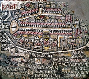 Byzantinsk kunst: ældste kort over Palæstina. Detalje, der repræsenterer Jerusalem. Mosaik fra det 6. århundrede. Madaba, St. George-kirken af Byzantine School