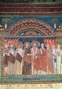 Konstantin IV (654-85) giver biskop Reparatus privilegier til kirken Ravenna, 671-77 (mosaik) af Byzantine School