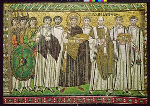 Kejser Justinian I og hans følge af embedsmænd, vagter og præster, ca. 547 e.Kr. (mosaik)