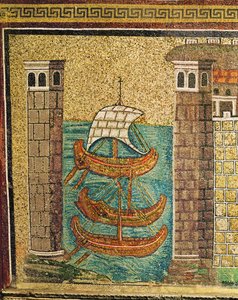 Indsejling til havnen i Classe, havnetårne og tre skibe, detalje, 6. århundrede (mosaik) af Byzantine School