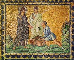 Jesus og brødets mangfoldiggørelse, en apostel og en mand med brødkurve, 6. århundrede (mosaik) af Byzantine School