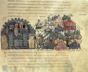MMS Vitr. 26-7 byzantinere belejrer Messina, fra Madrid Skylitzes (vellum) af Byzantine School