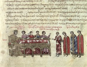MMS Vitr. 26-7 Forudsigelser om kejser Michael II (820-829) fra kapitel III af Madrid Skylitzes (vellum) af Byzantine School