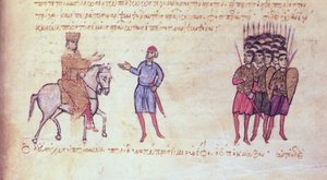MMS Vitr 26-7 Den byzantinske hær sætter bulgarerne fra Tzar Krum på flugt fra Madrid Skylitzes (blæk og guld på vellum) af Byzantine School