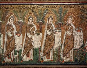 Procession af jomfruer (detalje af mosaikker, 6. århundrede) af Byzantine School