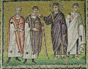 Helbredelsen af to blinde fra Jeriko, scener fra Kristi liv (mosaik) af Byzantine School
