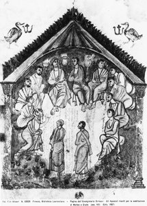 Apostlene samledes for at erstatte Judas med Matthias, folio fra Rabula-evangelierne, 586 AD (tempera på vellum) af Byzantine School