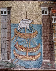 Udsigt over både i havnen i Class (Detalje af mosaikker, 6. århundrede) af Byzantine School
