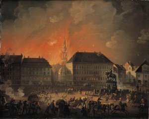 Den mest forfærdelige nat. Udsigt over Kongens Nytorv i København under det engelske bombardement af København om natten mellem 4. og 5. september 1807