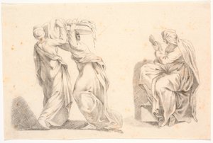 To kvinder i klassiske gevandter bærende en kurv samt en sibylle efter Michelangelo af C.A. Lorentzen