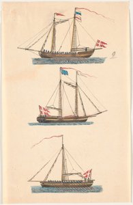 Tre marineskibe med danske flag. Åredrevne af C.A. Lorentzen