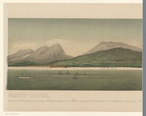 Udsigt over kysten af ​​Greater Aceh, med flåden fra den første Aceh-ekspedition ud for kysten, del tre The Greater Aceh Road (titel på objekt) af C.A. Whitten