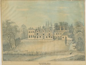 Seighford Hall: farvet vasketegning og [midten af det 19. århundrede] af C.B Ash