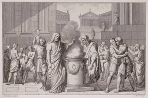 Mødet mellem Camillus og Manlius efter gallernes tilbagetog, indgraveret af B.Barloccini, 1849