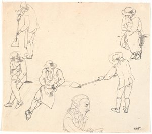 Skitse med seks mandlige figurer, to med skovle, tre siddende, samt en mandsprofil af C.D. Fritzsch