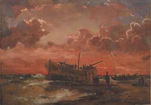 Et vrag på den jyske vestkyst ved solnedgang af C.F. Sørensen