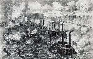 Admiral David Dixon Porters flåde kører oprørsblokade på Mississippi ved Vicksburg, 16. april af J.B. and Brown J. Rowbotham