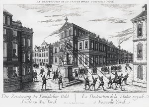 Amerikanske separatister trækker monumentet over kong George af England ned til New York af J.B. and Brown J. Rowbotham