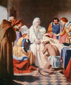 Columbus på sit dødsleje, med de lænker, hvori han vendte tilbage fra sin tredje rejse (farve litho) af J.B. and Brown J. Rowbotham