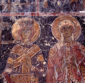 Fresco i den byzantinske kirke i Agios Nikolaos, Maza, Kreta, Grækenland af J.B. and Brown J. Rowbotham