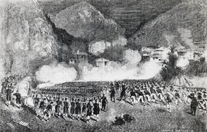 General Giacomo Medicis division angriber Levico Terme, Trentino-Alto Adige, juli 1866, tredje uafhængighedskrig, gravering, Italien af J.B. and Brown J. Rowbotham