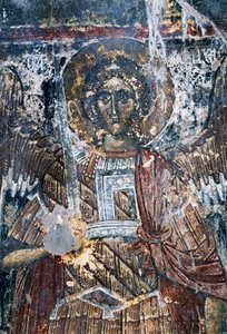 Hest, beskadiget freskomaleri på loftet af kirken Agios Vasileios, Vavouledo, Kreta, Grækenland (foto) af J.B. and Brown J. Rowbotham