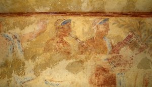 Musikere, fresco, detaljer, Tomb of the Blue Demons, Necropolis of Tarquinia (UNESCO World Heritage List, 2004), Lazio, Italien. Etruskisk civilisation, 5. århundrede f.Kr. (foto) af J.B. and Brown J. Rowbotham