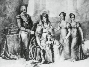 Portræt af Victor Emmanuel I, konge af Sardinien og hertug af Savoyen, Piemonte og Aosta, med sin hustru Maria Theresia af Østrig-Este og hans døtre, Maria Teresa af Savoyen (1803-1879), Maria Anna af Savoyen og Maria Cristina af Savoyen , gravering af J.B. and Brown J. Rowbotham
