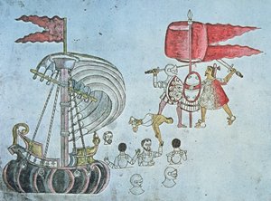 Spanske soldater fra Hernan Cortes vader i land i 1519 for at kæmpe mod aztekerne, kopieret fra Codex Azcatitlan, ca. 1550 (farve litho) af J.B. and Brown J. Rowbotham