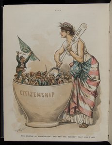 Assimilationens morter - And the One Element That Wont Mix, illustration fra Puck Magazine, 26. juni, 1889 af C.J. Taylor